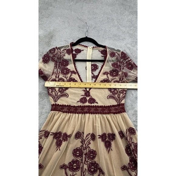 Unbranded Embroidered Floral Mesh Maxi Dress Women S Beige Burgundy Boho Prairie - Picture 8 of 12